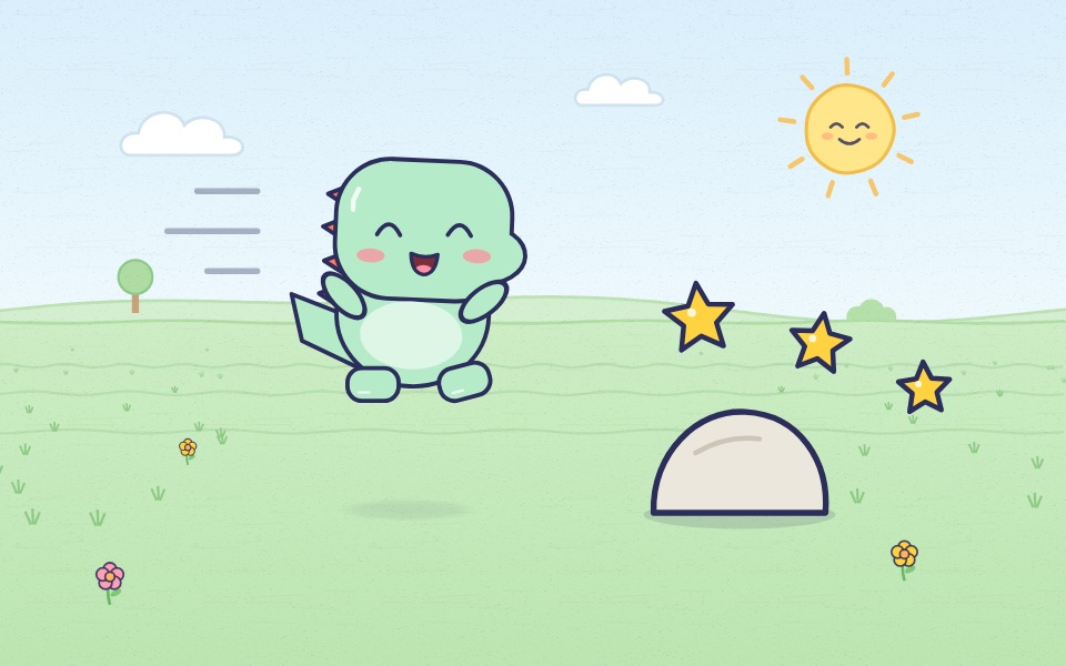 Doodle the dinosaur jumping over a rock toward three stars in a meadow