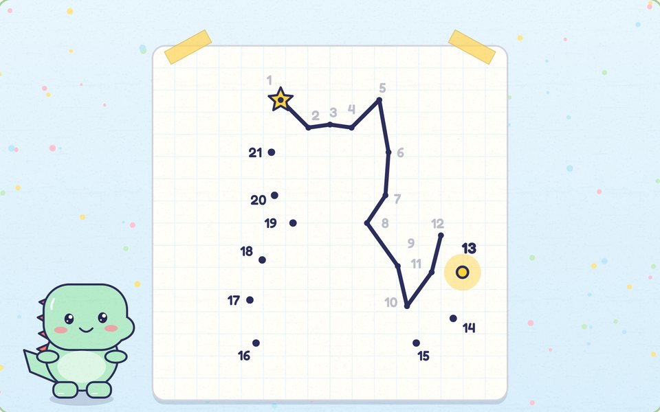A dot to dot taped to the page, half joined from 1 to 12, with dot 13 glowing next and Doodle watching