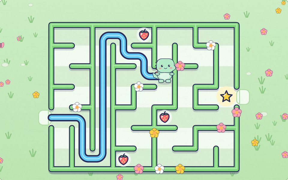 Doodle the dinosaur halfway through a garden maze, with a blue crayon line behind him, strawberries in the dead ends and a star at the way out