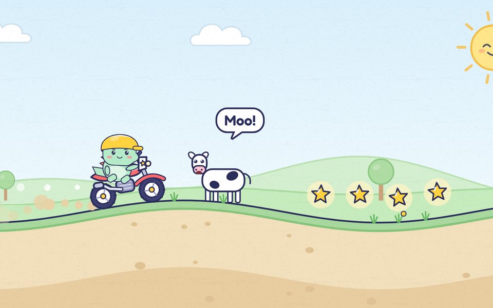 Doodle in a yellow helmet riding a red motorbike over green hills, with stars ahead and a cow saying moo