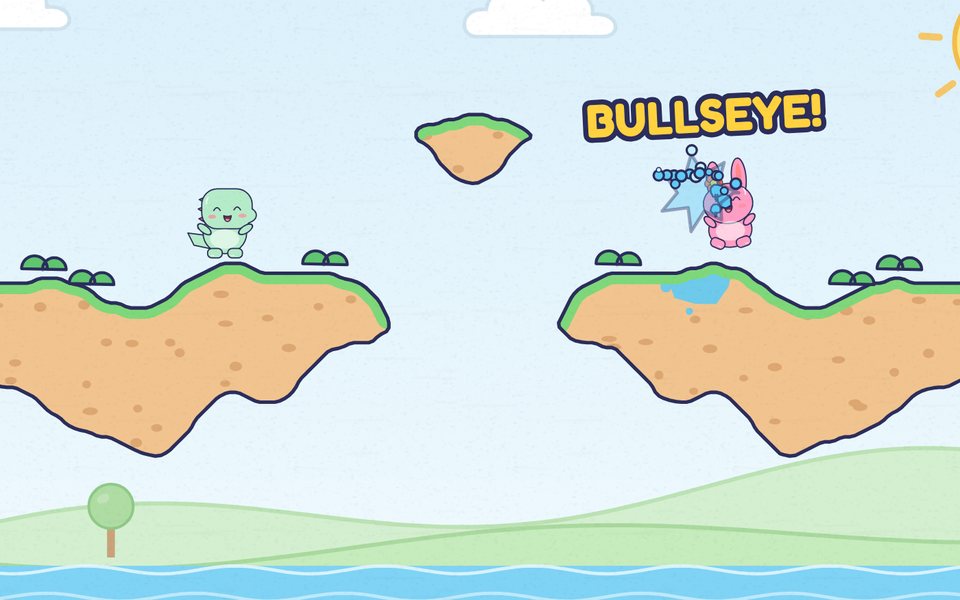 Doodle cheering on a floating island as his water balloon splats Bun the bunny on the next island over the sea, with BULLSEYE! in big letters