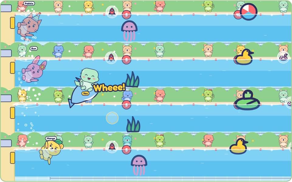 Doodle riding a leaping dolphin in a four-lane garden pool, saying Wheee!, with Bun the bunny swimming below and critters cheering from the deck