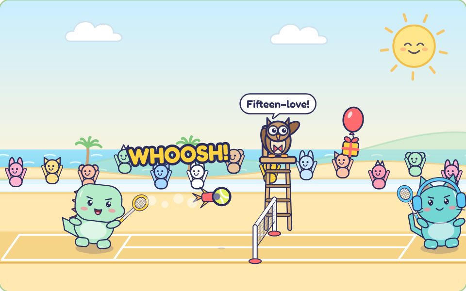 Doodle swinging his racket on a beach court to send a rocket ball past the net, with a gift balloon floating over the court, an owl calling the score from a tall chair, and Kiki the kitten ready on the other side