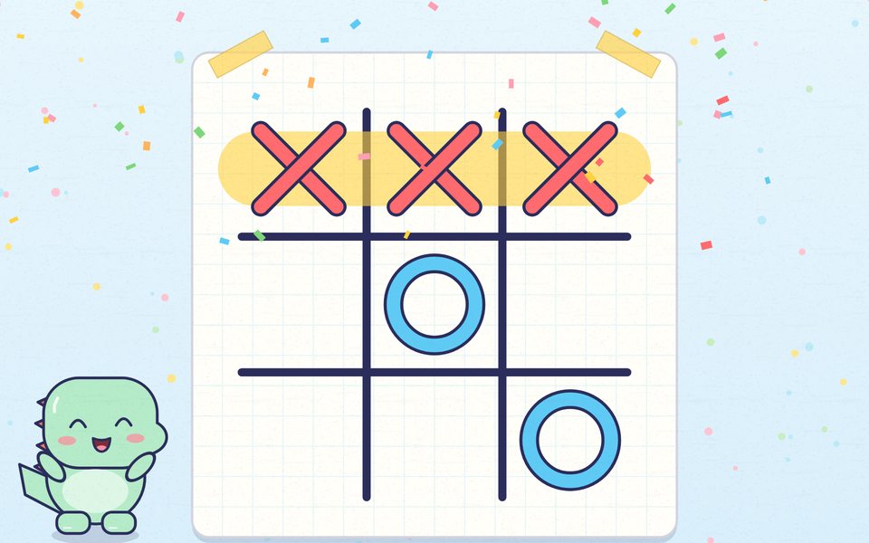 A tic-tac-toe board with three red X marks in a row under a yellow highlighter, and Doodle cheering